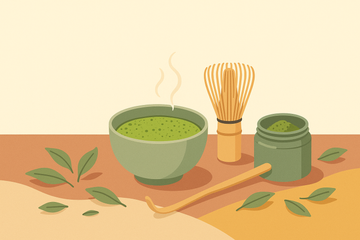 Ilustración plana de un cuenco de té matcha humeante junto a batidor chasen y polvo verde