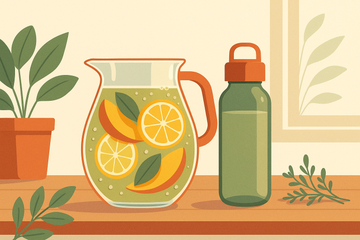 Jarra de té verde tropical en agua fría junto a una botella reutilizable — alternativa natural a las bebidas energéticas