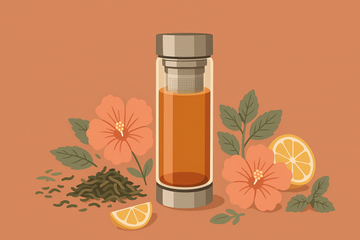 Botella de té con filtro: termos e infusores sobre fondo verde con hojas de té y flores de hibisco