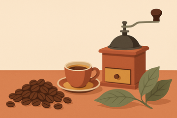 Ilustración flat de granos de café arábica, taza de espresso, molinillo vintage y hojas de café sobre fondo crema