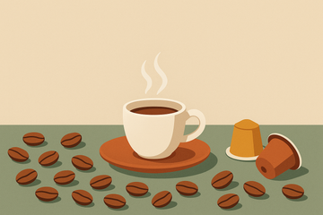 Ilustración de café descafeinado: granos de café, taza de espresso y cápsulas en composición flat