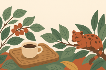 Ilustración flat del café Kopi Luwak: taza de café, cerezas rojas y civeta en bosque tropical