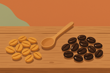 Dos grupos de granos de café sobre mesa de madera: café natural dorado a la izquierda y torrefacto oscuro a la derecha