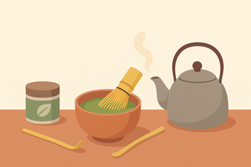 Ilustración de utensilios para preparar té matcha: chasen, chawan y matcha en polvo