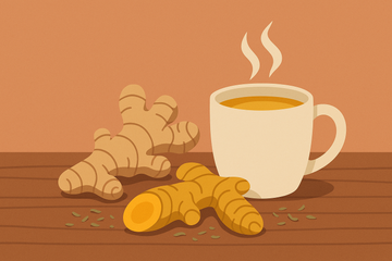 Raíces de cúrcuma y jengibre junto a una taza humeante de infusión dorada sobre madera