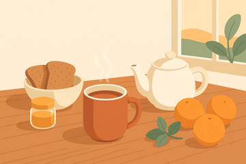 Tetera y taza de té con tostadas y fruta en una mesa de desayuno, ilustración plana en tonos terracota y verde salvia