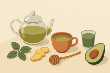 Tetera de té verde con menta, jengibre, miel y aguacate sobre mesa cremosa, ilustración plana estilo Aromas de Té
