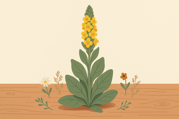 Ilustración flat de una planta de gordolobo con su espiga de flores amarillas y hierbas secas sobre superficie de madera
