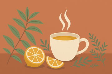 Ilustración flat de hierba luisa, taza de infusión dorada y rodajas de limón sobre fondo crema