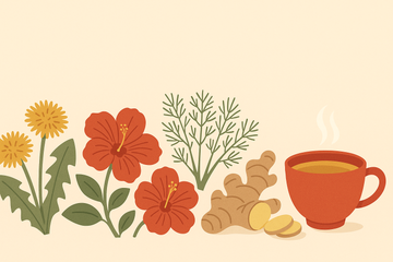 Ilustración de plantas diuréticas: diente de León, hibiscus, hinojo, jengibre y taza de infusión
