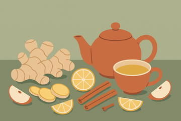 Ilustración de infusión de jengibre con raíz fresca, tetera y taza, acompañada de limón, canela y manzana