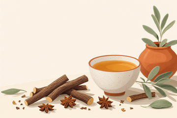Taza de infusión de regaliz con raíces de regaliz troceadas e ilustración estilo flat mediterráneo