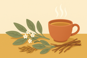 Ilustración flat de planta rompepiedras con hojas verdes anchas y flores blancas junto a una taza de infusión humeante