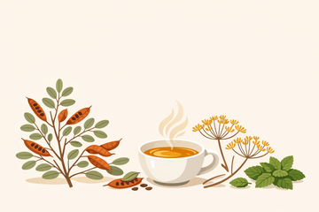 Ilustración de infusión de sen con hojas de la planta Cassia senna, taza de infusión y plantas complementarias como hinojo y menta