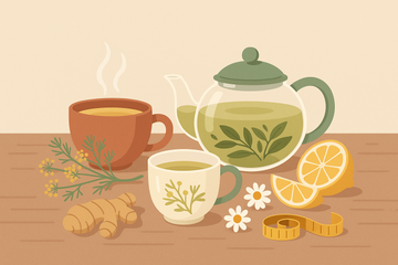 Tazas de infusiones de hinojo, té verde, jengibre y manzanilla sobre una mesa de madera