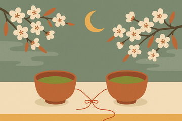 Ilustración de dos cuencos de matcha unidos por un hilo rojo con flores de cerezo y luna japonesa