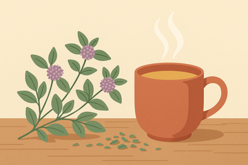Ilustración de menta poleo con taza humeante de infusión sobre fondo en tonos terracota y verde salvia