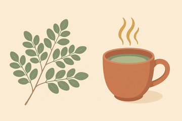 Ilustración flat de rama de moringa con hojas verdes y taza de infusión ecológica sobre fondo en crema
