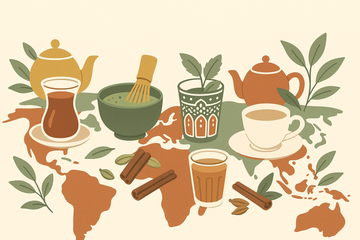 Ilustración de tazas de té de diferentes países del mundo: çay turco, matcha japonés, té moruno, chai indio y cuppa inglesa
