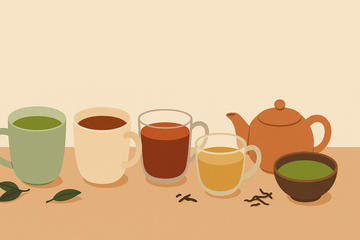 Tazas de distintos tipos de té sobre tablero rústico — té verde, negro, rojo, blanco y matcha