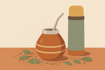 Ilustración flat de calabaza de mate argentino con bombilla, hojas de yerba mate y termo, en paleta terracotta y verde salvia