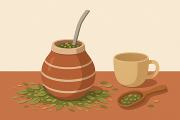 Ilustración flat de una calabaza de mate con bombilla, hojas de yerba y accesorios en tonos terracotta y verde salvia