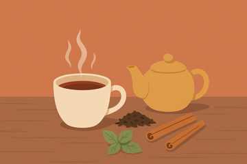 Taza de té negro humeante con tetera, hojas de té y ramas de canela, ilustración de Aromas de Té