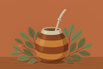 Ilustración de calabaza de mate con bombilla y hojas de yerba mate sobre fondo terracotta