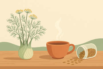 Ilustración plana de una rama de hinojo con semillas y una taza de infusión humeante sobre mesa de madera