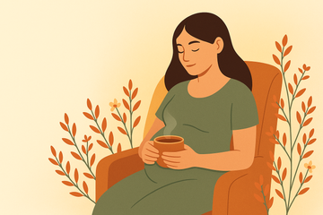 Ilustración de mujer embarazada con taza de rooibos rodeada de plantas silvestres