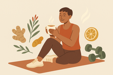 Persona descansando tras entrenar con una taza de infusión, junto a jengibre, cúrcuma, una mancuerna y limón — ilustración recuperación post-entrenamiento Aromas de Té