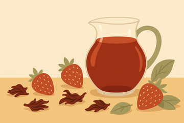 Jarra de cristal con infusión de fresa e hibisco en agua fría, rodeada de fresas frescas y flores de hibisco