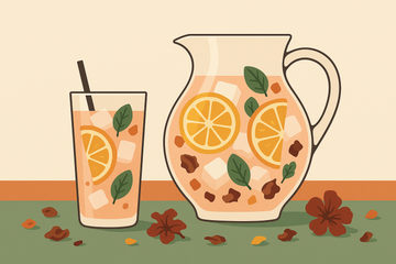Jarra de infusión de melocotón en agua fría con naranja y hierbabuena, alternativa sin azúcar al refresco de naranja