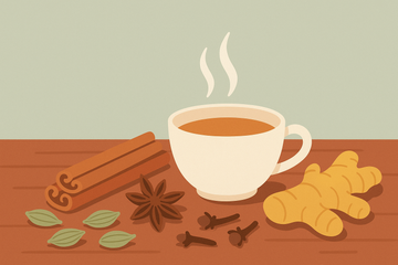Taza de té chai masala con especias: cardamomo, canela, jengibre y clavo sobre mesa de madera