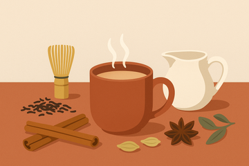 Ilustración de una taza de té con leche rodeada de especias chai, hojas de té negro y un batidor de matcha