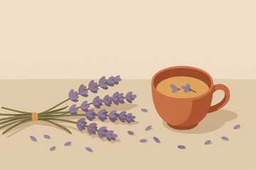 Ilustración flat de flores de lavanda secas con una taza de infusión y pétalos sobre lino