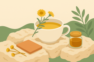 Ilustración de una taza de té de roca (Jasonia glutinosa) sobre rocas calizas con flores amarillas silvestres
