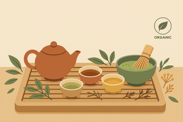 Ilustración plana de mesa con tetera y tazas de té ecológico, hojas frescas y plantas secas sobre fondo crema