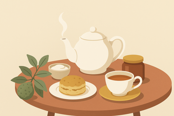 Ilustración flat de una tetera inglesa clásica con taza de té, scone y bergamota sobre fondo crema