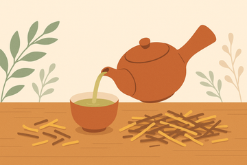 Ilustración del té kukicha japonés: tetera kyusu, taza y tallos de té sobre mesa de madera