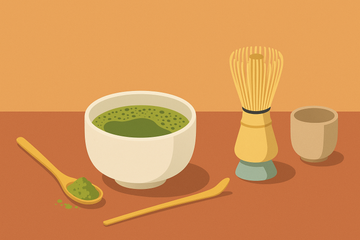 Preparación de té matcha ceremonial con cuenco chawan, batidor chasen de bambú y polvo de matcha