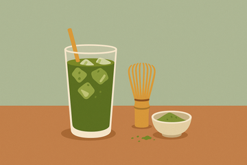 Vaso de té matcha con hielo sobre mesa de madera con batidor de bambú y cuenco con matcha en polvo