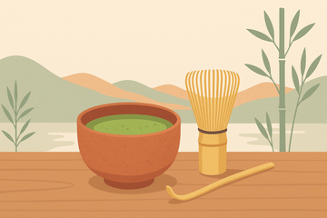 Ilustración flat del té matcha japonés con cuenco chawan, batidor chasen y polvo verde sobre superficie de madera