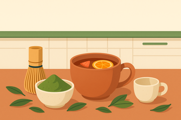 Ilustración de matcha ceremonial ecológico junto a alternativas de rooibos e infusiones de frutas para niños