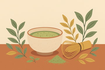 Ilustración de cuenco de matcha con batidor chasen, polvo verde y hojas de té, estilo flat editorial
