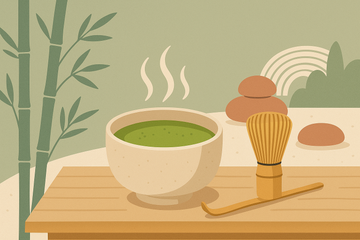 Ilustración de ceremonia del té matcha japonés con cuenco chawan, batidor chasen de bambú y polvo de matcha verde sobre superficie de madera, estilo flat moderno en tonos terracota, verde salvia y crema