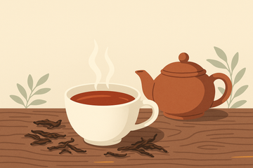 Ilustración de una taza de té rojo pu-erh con hojas de té secas sobre superficie de madera rústica