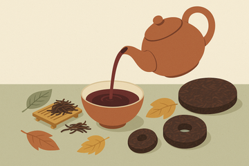 Tetera de cerámica vertiendo té rojo pu erh con hojas y tortas de pu erh alrededor, ilustración plana moderna en tonos terracota y verde salvia