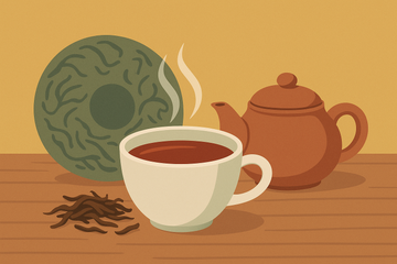 Taza humeante de té rojo Pu Erh con hojas y tetera