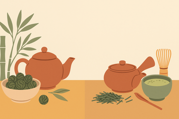 Ilustración flat de té verde chino (gunpowder, Lung Ching) y japonés (sencha, matcha, genmaicha) sobre fondo crema